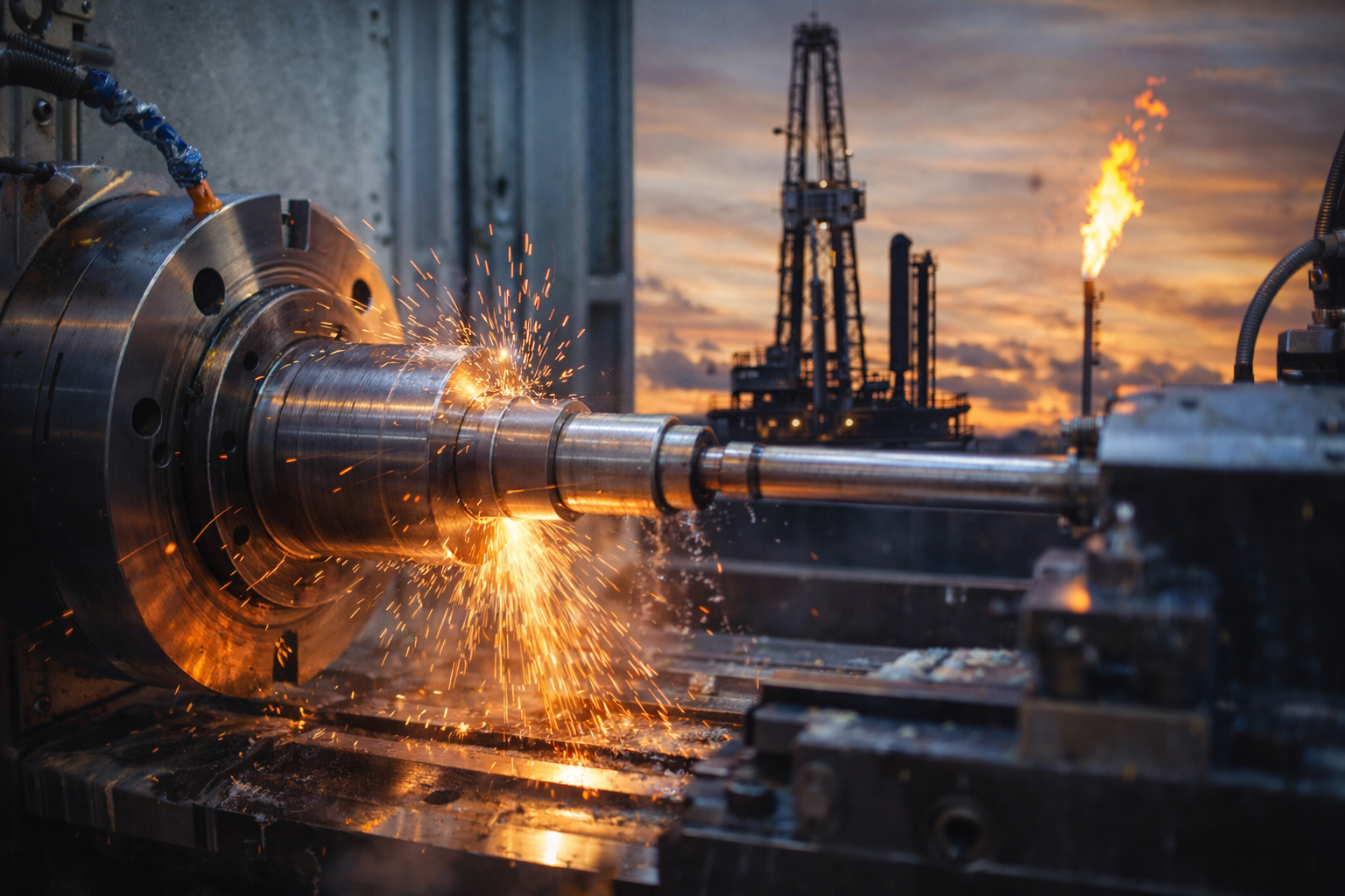 Oil and gas CNC machining component being turned on a lathe for energy sector applications